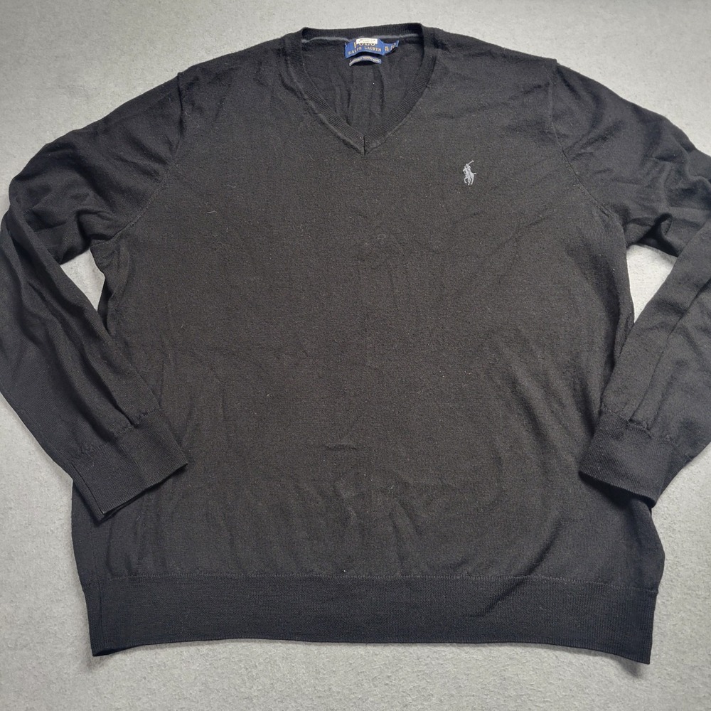 Polo Ralph Lauren Mens XL Black Washable Merino Wool V-Neck Sweater Pony Logo
